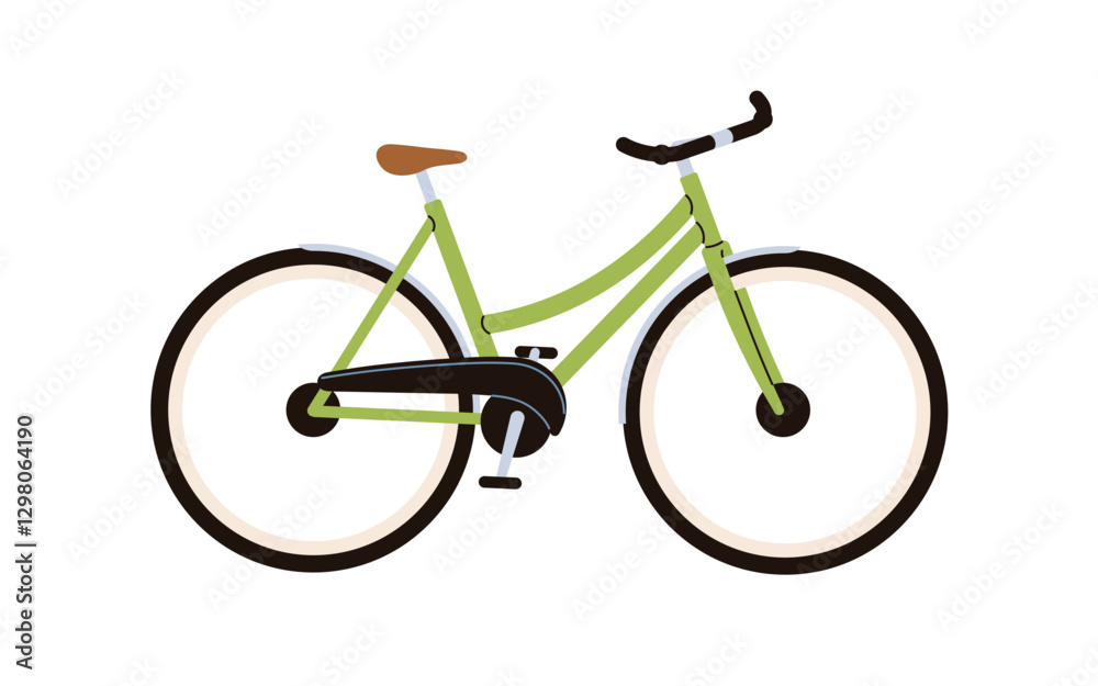 Fototapeta premium City bicycle, side view. Urban commuter bike with handlebar, wheels, tires, seat in profile. Eco-friendly vehicle, travel transport for commuting. Flat vector illustration isolated on white background