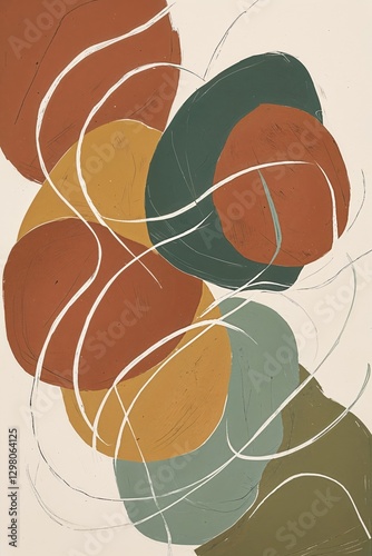 Abstract Painted Pebble Shapes in Earthy Tones with Wavy White Lines, Vertical Orientation