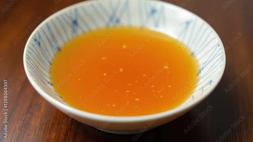 Ponzu. Bowl is filled with liquid and spoon on table Ponzu. Bowl is filled with liquid and spoon on table