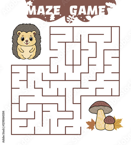 Children's maze game with cartoon hedgehog and mushrooms.