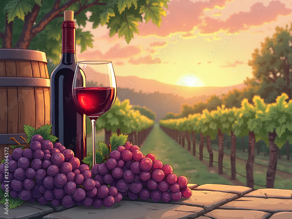 Naklejka premium Relaxation in the vineyard. Wine tasting. Vector style.