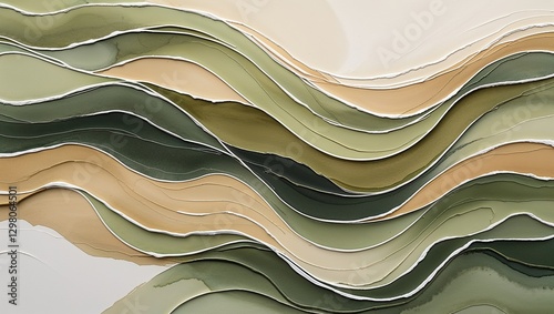 Wavy abstract painting with earthy green and beige tones, resembling layered hills
