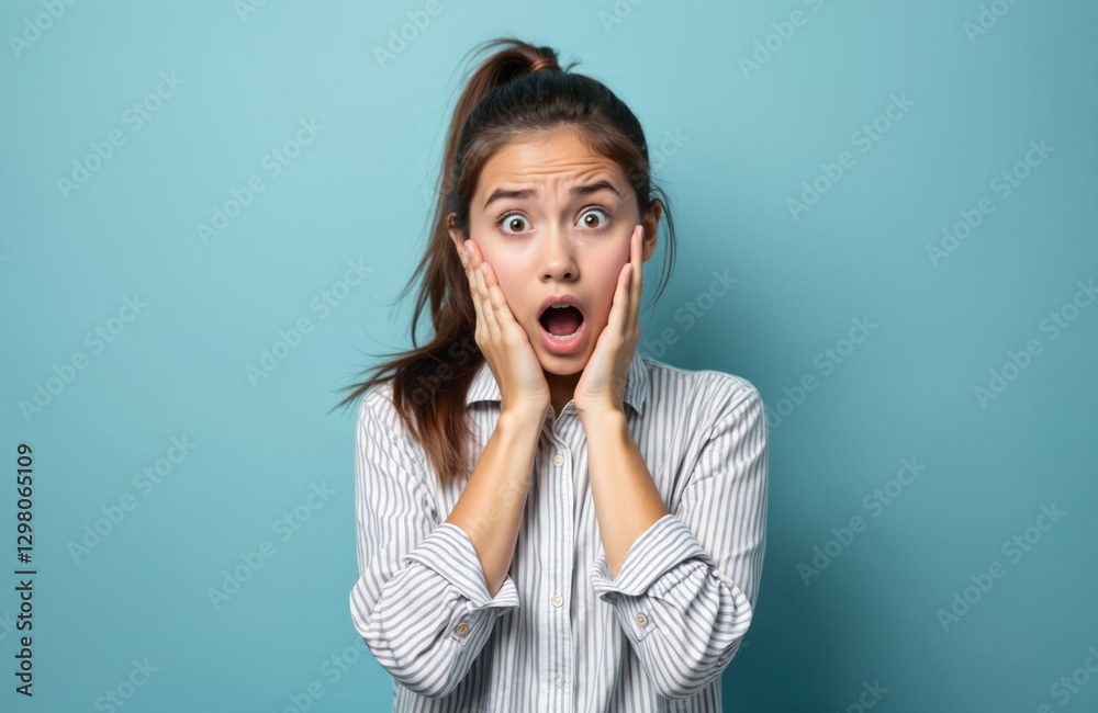 Worried young woman with open mouth and hands on cheeks in striped shirt. Frightened brunette girl is scared, shocked by unexpected news on blue background. Female portrait with panic expression. Worried young woman with open mouth and hands on cheeks in striped shirt. Frightened brunette girl is scared, shocked by unexpected news on blue background. Female portrait with panic expression.