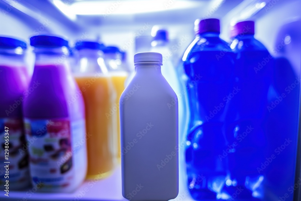 White Milk Bottle Surrounded by Colorful Beverages in Fridge White Milk Bottle Surrounded by Colorful Beverages in Fridge