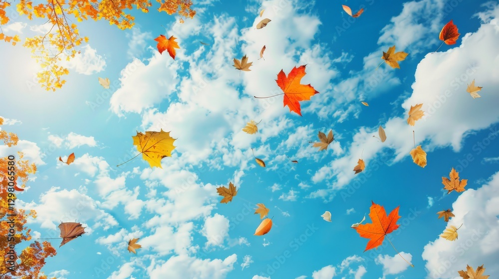 A sky with colorful autumn leaves falling A sky with colorful autumn leaves falling