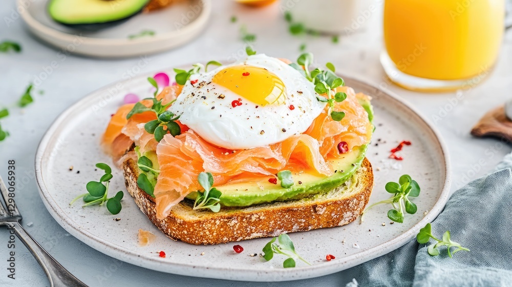 Delicious avocado toast topped with smoked salmon and a poached egg served on a rustic plate Delicious avocado toast topped with smoked salmon and a poached egg served on a rustic plate