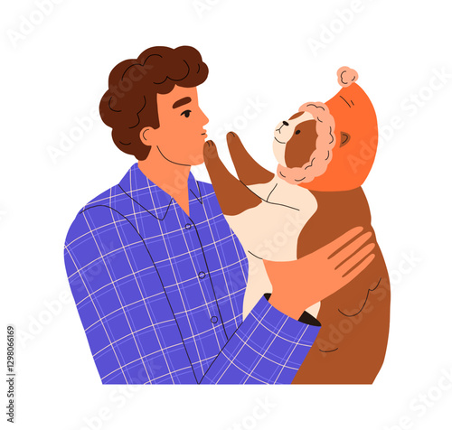 Man holding cute fat cat. Pet owner with feline in arms, hugging and kissing ...