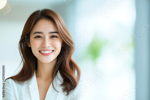 young woman with long, wavy hair smiles brightly, exuding confidence and warmth in bright, modern setting. Her cheerful expression creates positive atmosphere Free Download young woman with long, wavy hair smiles brightly, exuding confidence and warmth in bright, modern setting. Her cheerful expression creates positive atmosphere - GFXLoad