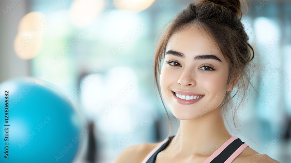 Smiling young woman in athletic wear holding blue exercise ball, radiating positivity and health in bright fitness studio Smiling young woman in athletic wear holding blue exercise ball, radiating positivity and health in bright fitness studio