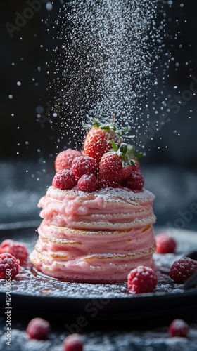 Delicious stack of pink pancakes topped with fresh raspberries and powdered sugar in a cozy kitchen setting
