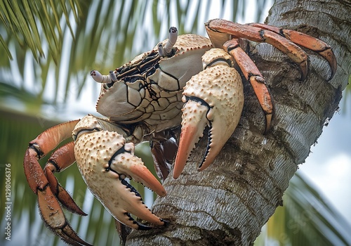 Colossal Coconut Crab scaling a palm tree its massive claws capable of cracking coconuts textured shell blending into the rugged coastal environment