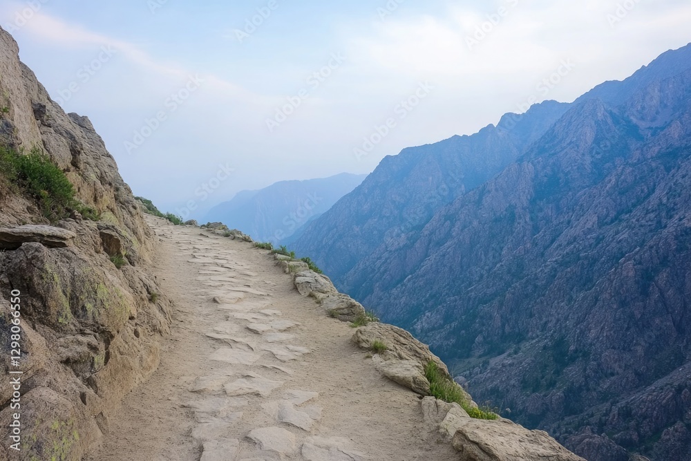 Fototapeta premium Winding path along rocky cliffs, surrounded by majestic mountain