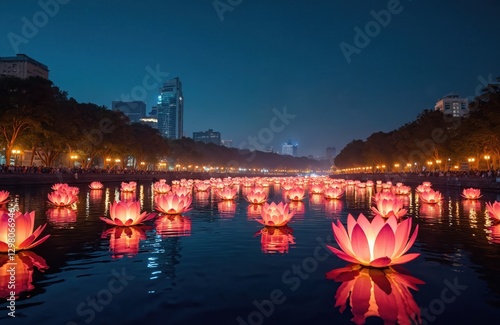 Floating lotus lanterns glow on river at night on Vesak day, celebrating Buddha birthday in Eastern culture. Pink flowers illuminate water. Temple, city buildings on skyline. Garland peace, photo