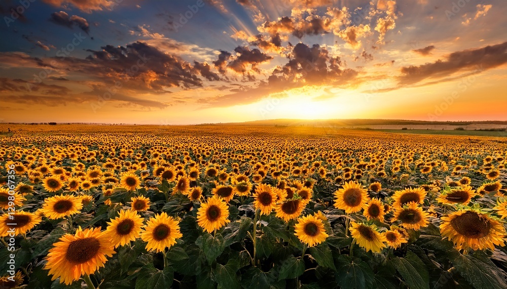 Obraz premium Vast sunflower field to horizon: dramatic sunset & golden light. Breathtaking & warm landscape. Ideal for summer themes & inspiring backgrounds.