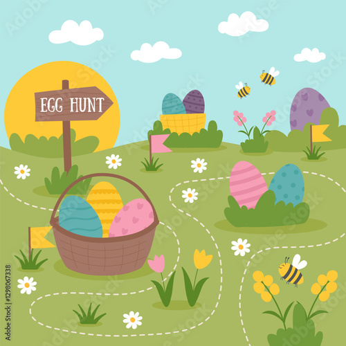 Easter egg hunt concept banner. Easter card with Easter eggs on the meadow. Hand drawn flat style background.