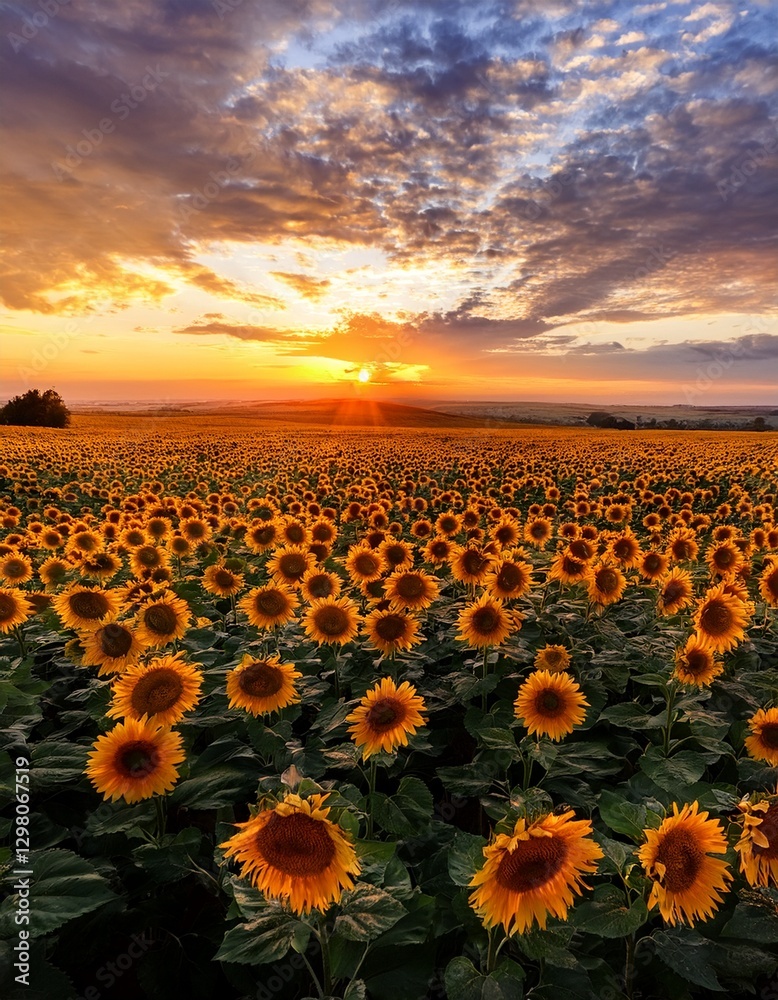Obraz premium Vast sunflower field to horizon: dramatic sunset & golden light. Breathtaking & warm landscape. Ideal for summer themes & inspiring backgrounds.