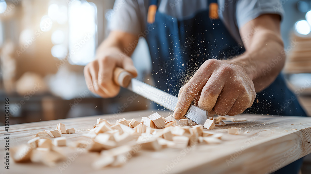 Fototapeta premium Craftsman shaping wood with hand tool, creating wooden pieces in workshop. scene captures artistry and skill involved in woodworking, with sawdust flying