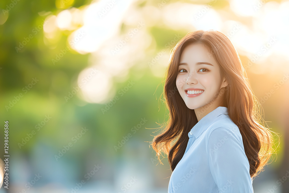 young woman with long hair is smiling in sunny outdoor setting, surrounded by greenery. warm sunlight creates cheerful and inviting atmosphere young woman with long hair is smiling in sunny outdoor setting, surrounded by greenery. warm sunlight creates cheerful and inviting atmosphere