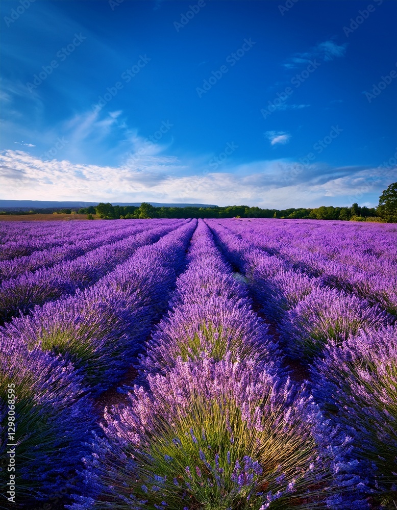 Obraz premium Vibrant lavender field stretches endlessly under deep blue summer sky. Breathtaking & serene landscape. Ideal for summer themes & calming backgrounds.