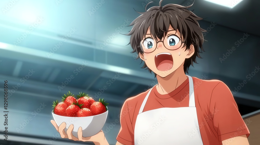Excited boy with glasses holding bowl of fresh strawberries in kitchen Excited boy with glasses holding bowl of fresh strawberries in kitchen