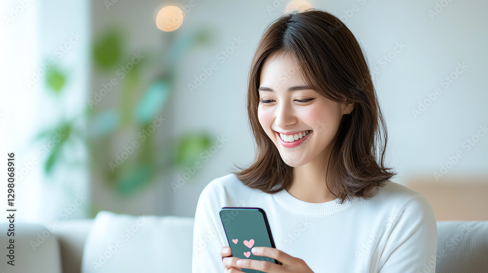 Smiling woman using smartphone, enjoying moment of happiness in bright room with plants Smiling woman using smartphone, enjoying moment of happiness in bright room with plants