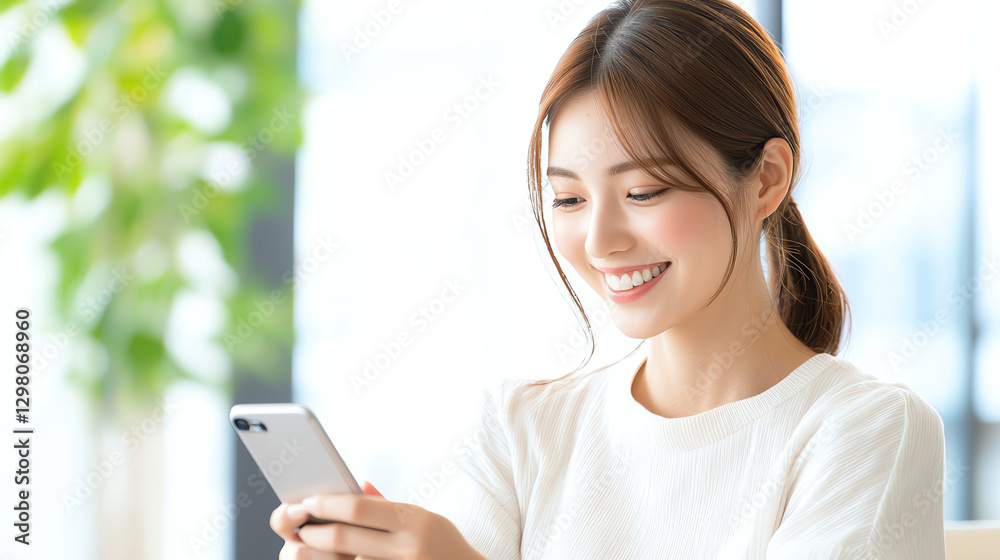 young woman smiling while using smartphone in bright, modern setting. Her joyful expression reflects happiness and engagement with technology young woman smiling while using smartphone in bright, modern setting. Her joyful expression reflects happiness and engagement with technology