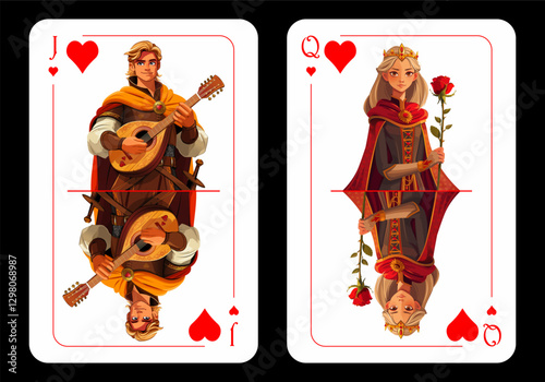 Queen of Hearts and Jack of Hearts, original playing card design on black background. Vector illustration