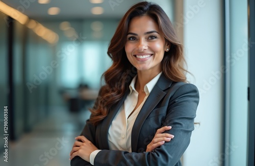 Confident smiling businesswoman corporate portrait. Arabian hispanic latino woman boss poses with crossed arms in office. Female leader, successful executive looks at camera. Business, career, modern