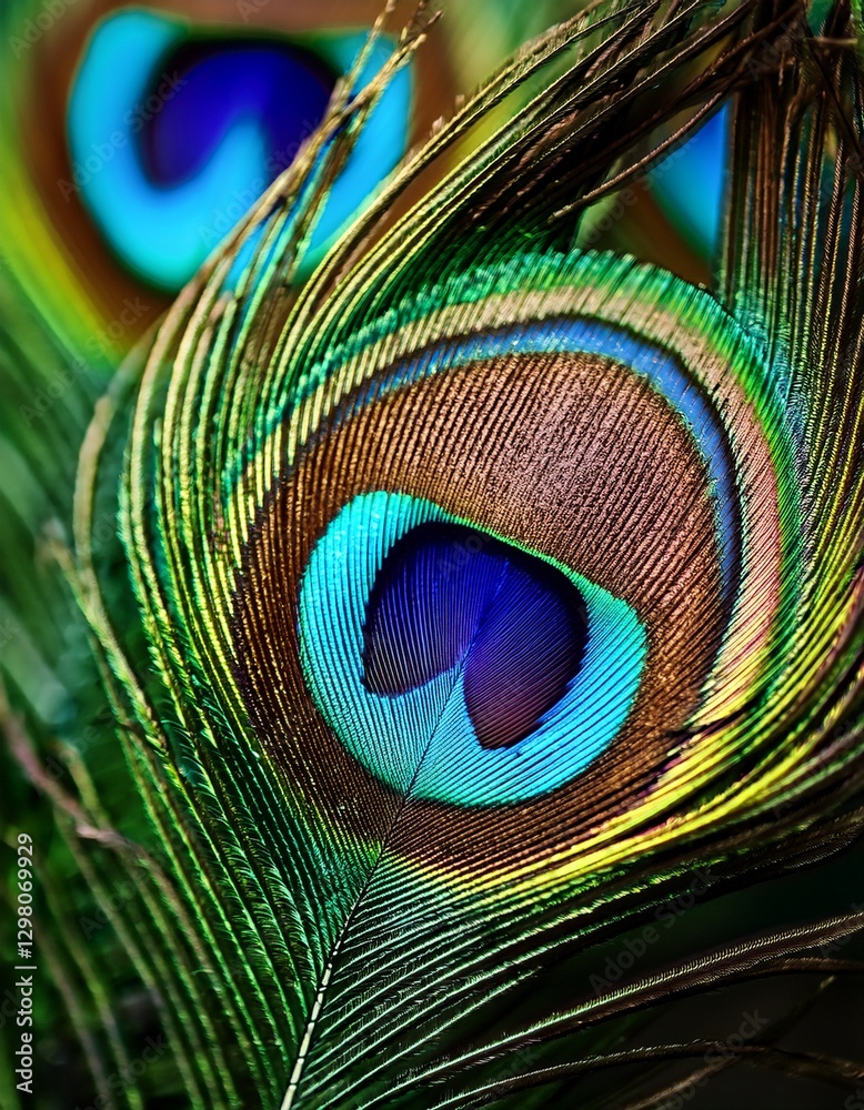 Naklejka premium Vibrant macro peacock feather: colorful, sharp details, bright blue hues. Exotic & detailed. Ideal for vibrant backgrounds & nature designs.