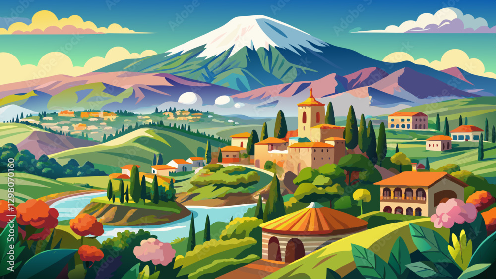 beautiful panorama of Etna vulcano in Italy, Sicily, Taormina to mountain landscape with white snow peak and green hills and valleys arround