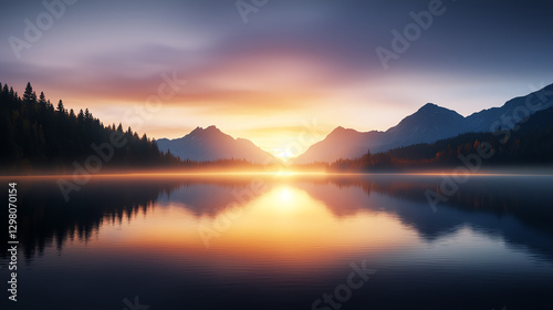 stunning sunrise over tranquil lake, surrounded by mountains and forests, reflecting vibrant colors in water. serene atmosphere evokes peace and beauty