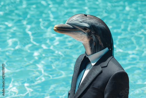 dolphin in business suit stands by pool, blending nature with professionalism