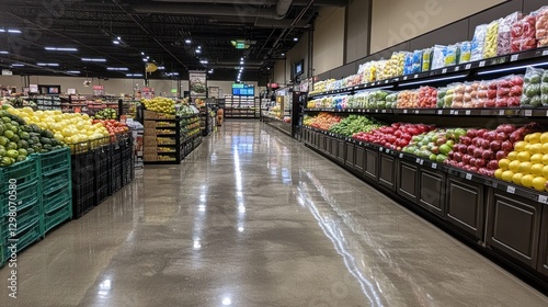 Produce section in a bright, clean grocery store with polished floors.