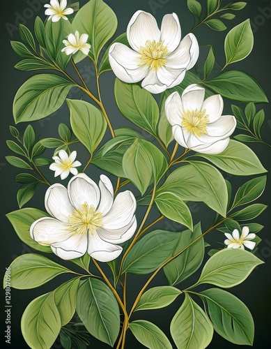 Vintage botanical print: detailed green leaves & delicate white flowers. Classic & elegant nature illustration. Ideal for vintage designs & natural themes.

