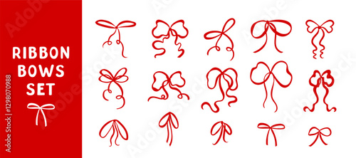 Hand drawn trendy red ribbon bows set. Minimalist various bow knots, gift bows. Wedding celebration, holiday, party decoration, gift, present concept. Coquette Aesthetic style. Elegant vector