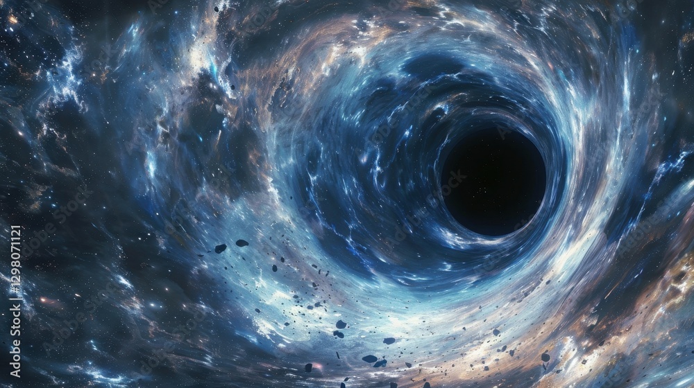 Abstract black hole with a nebula in the background Abstract space with a black hole and swirling light Abstract black hole with a nebula in the background Abstract space with a black hole and swirling light