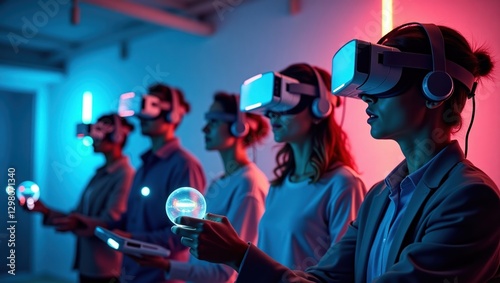 A group of young professionals wearing futuristic VR headsets, immersed in a virtual metaverse world. They interact with 3D holographic objects floating around them, in a high-tech, neon-lit room, ult