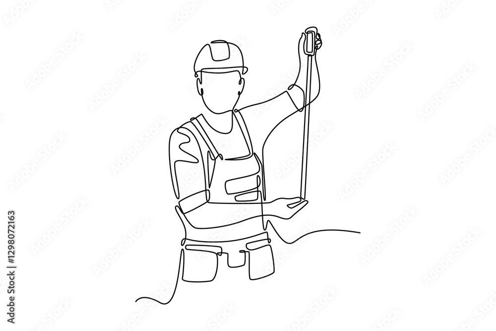 Continuous one line drawing builder or carpenter measuring the length of the wall using measurement tape. Home construction or renovation services. Single line draw design vector graphic illustration Continuous one line drawing builder or carpenter measuring the length of the wall using measurement tape. Home construction or renovation services. Single line draw design vector graphic illustration