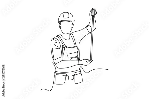 Continuous one line drawing builder or carpenter measuring the length of the wall using measurement tape. Home construction or renovation services. Single line draw design vector graphic illustration