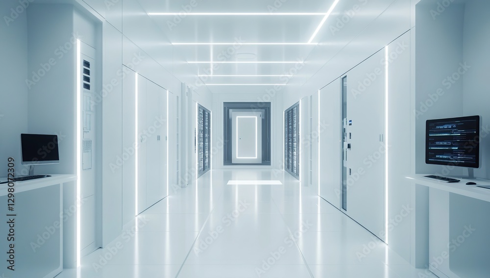 Futuristic White Corridor with Servers and Computer Monitors Futuristic White Corridor with Servers and Computer Monitors
