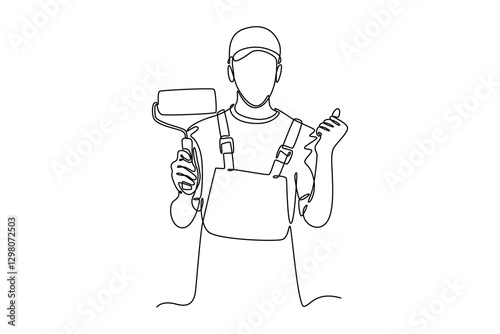 Single continuous line drawing handyman wearing building construction uniform while holding paint roller. Home painted wall renovation service. Dynamic one line draw graphic design vector illustration