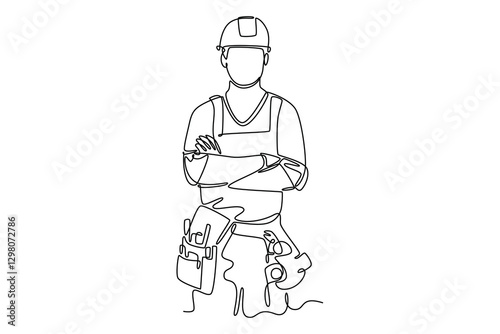 Single continuous line drawing young construction builder wearing uniform, tools belt, helmet while crossing his hands. Craftsman home repair services. One line draw graphic design vector illustration