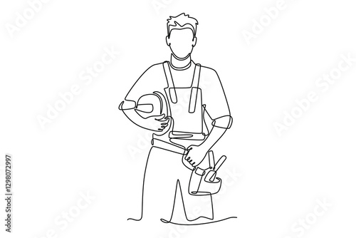 Single continuous line drawing young craftsman wearing building construction uniform while holding helmet. Handyman house renovation service concept. One line draw graphic design vector illustration