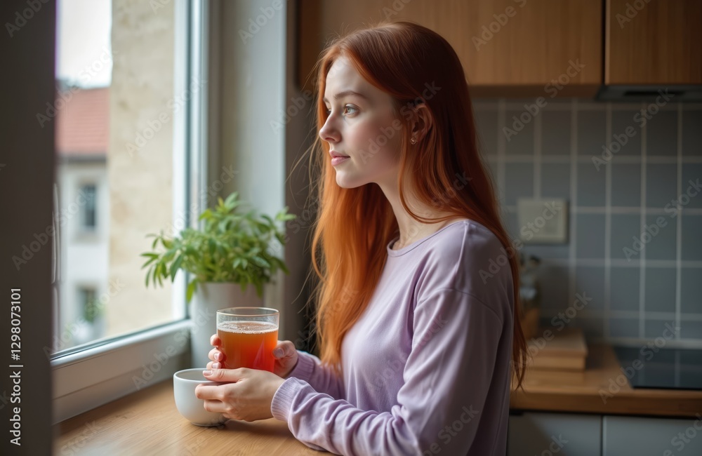 Contemplative woman with long red hair drinks tea by window in kitchen. Pensive adult gazes outdoor. Serene morning. Relaxation, peacefulness at home. Introspective calm girl, indoor solitude. Contemplative woman with long red hair drinks tea by window in kitchen. Pensive adult gazes outdoor. Serene morning. Relaxation, peacefulness at home. Introspective calm girl, indoor solitude.