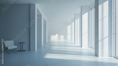 Creating a serene workspace minimalist office photostock bright environment wide angle modern design