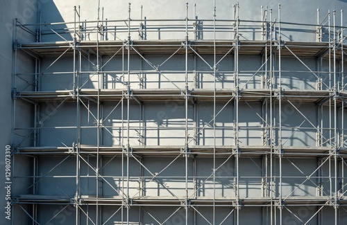 Metal scaffolding frame on building wall. Framework construction site with scaffolding, steel pipes. Assembling structure for building industry. Construction engineering equipment. Urban architecture