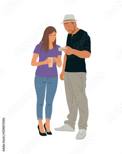Young couple using smartphone. Business man and woman holding phone, talking, watching news, chatting in social media. Male, female cartoon characters Vector realistic illustration isolated 