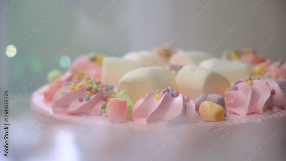 Arranged cream marshmallow cake for festive event. Sweet food, perfect for children's parties. Details of dessert table. Wedding accessories in a soft pink presentation. Decoration wedding party Arranged cream marshmallow cake for festive event. Sweet food, perfect for children's parties. Details of dessert table. Wedding accessories in a soft pink presentation. Decoration wedding party