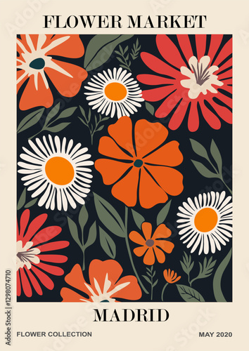 Abstract Flower Market Madrid poster. Trendy botanical wall art with floral design in bright red, orange colors on dark background. Modern naive groovy funky interior painting, Vector print. 