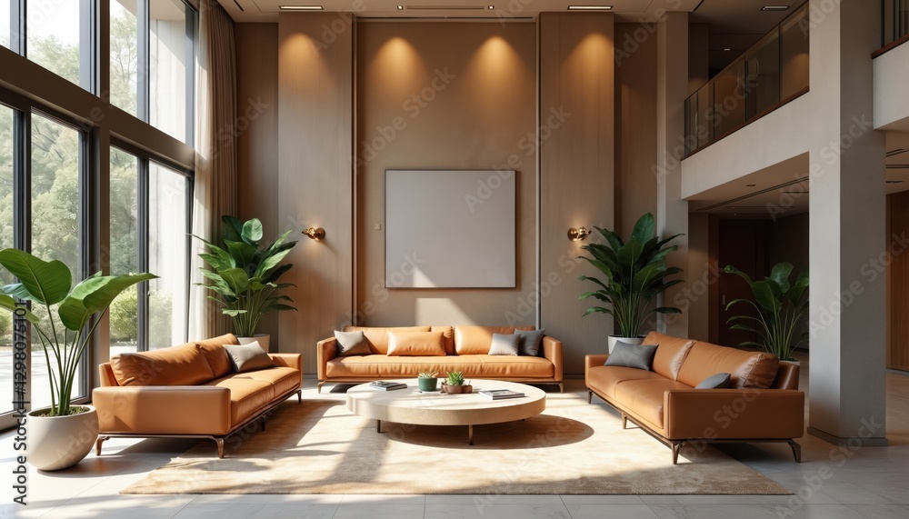 Spacious lobby in luxury apartment building with modern design. Large entrance living area features stylish tan leather sofas, round table, potted plants, high ceilings, sunlight, minimalist decor. Spacious lobby in luxury apartment building with modern design. Large entrance living area features stylish tan leather sofas, round table, potted plants, high ceilings, sunlight, minimalist decor.
